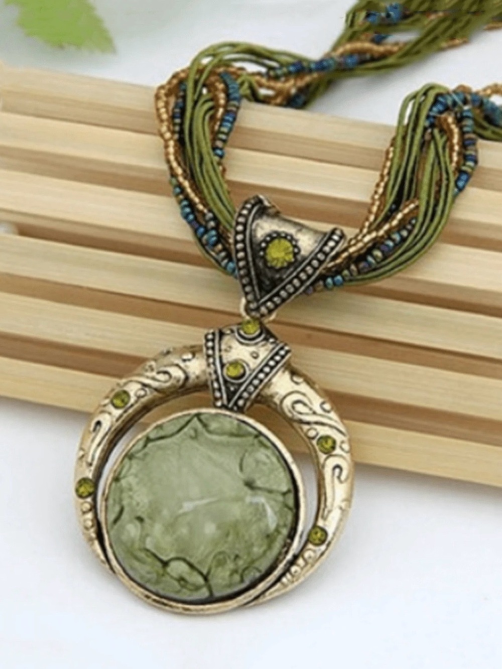 Green Stone Multi-Strand Necklace with Antique Silver Pendant